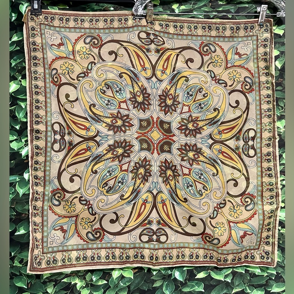Vintage Georgette Scarf Synthetic Tan Multicolor 26" x 25"